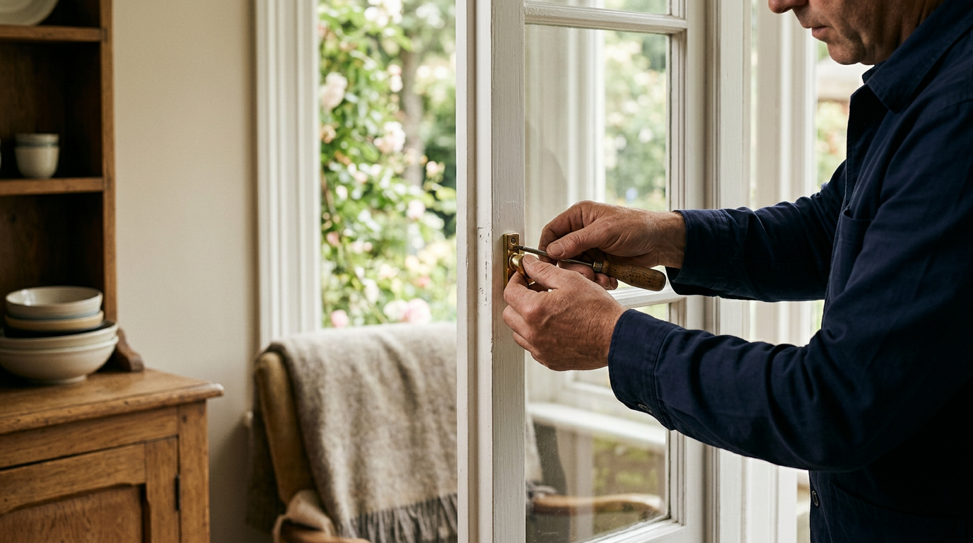 A man in a blue shirt is fixing a window latch inside a cozy room with wooden furniture and a towel draped over a chair, with a garden visible outside.