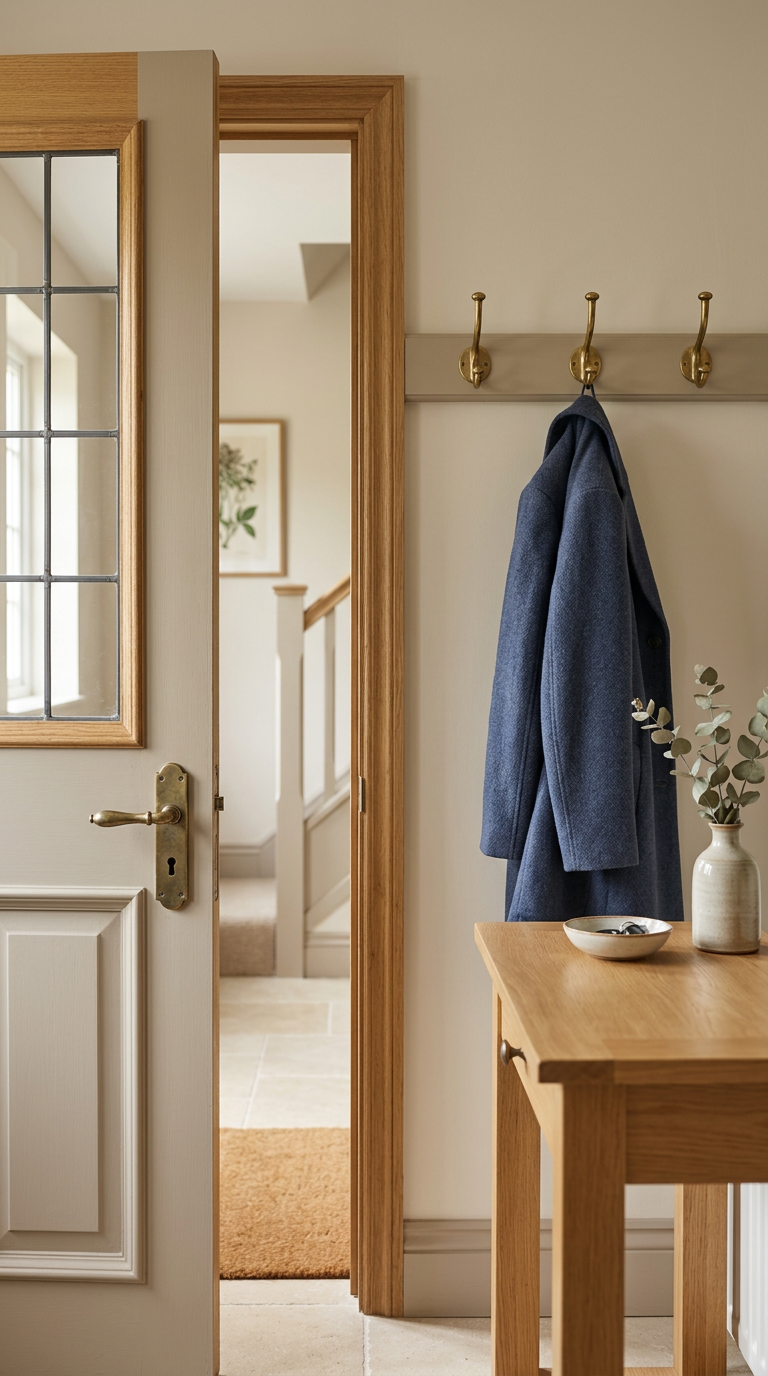 A view through a door into a hallway with a coat hanging on a gold hook and a wooden table with a vase of foliage and a bowl with small objects.