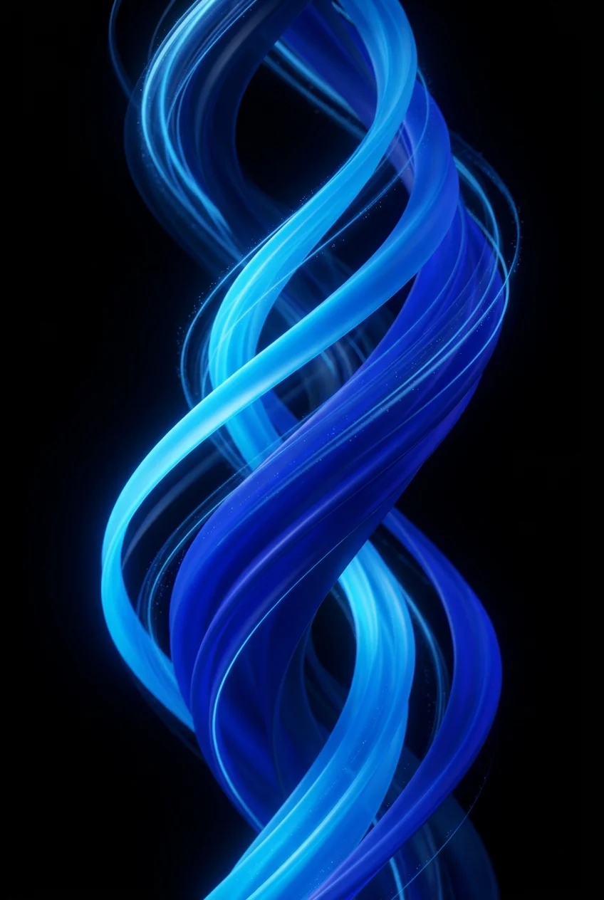 Abstract swirling blue light trails against a black background.