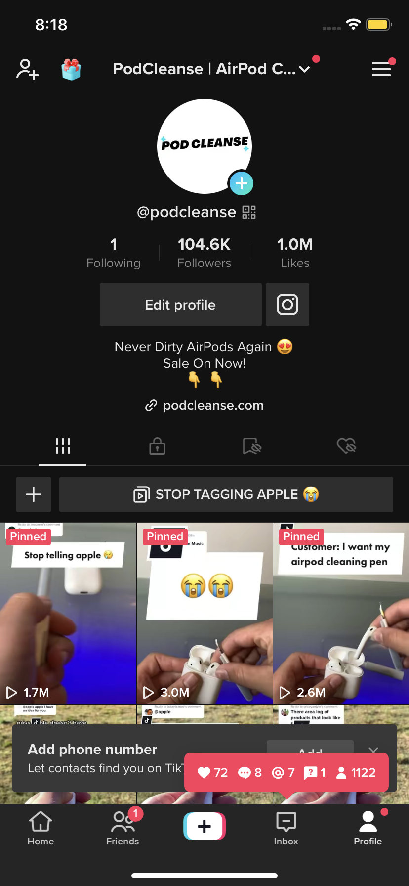 TikTok profile page for PodCleanse displaying videos showing cleaning of AirPods with the caption "Stop telling apple" and user statistics: 104.6K followers, 1.0M likes.