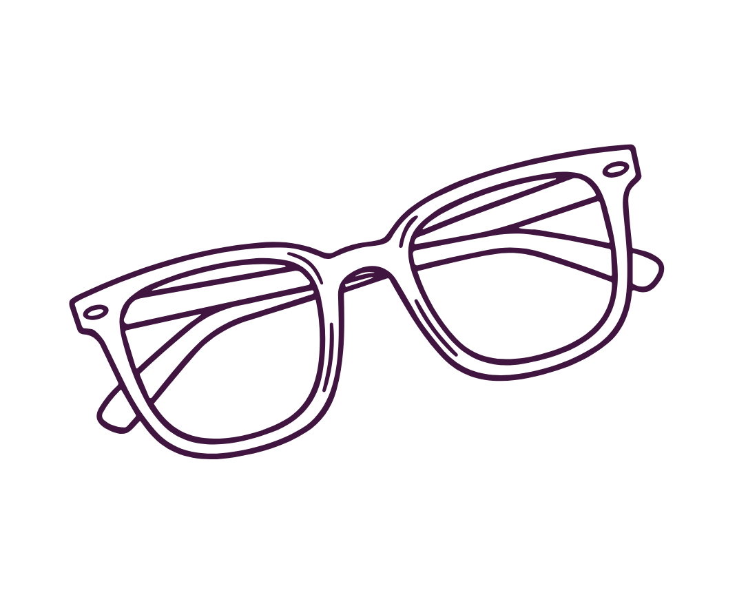 Outline drawing of a pair of purple sunglasses on a black background.