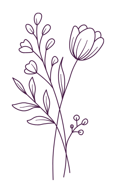 Line drawing of a flower with multiple leaves and a large blossom, all outlined in purple.