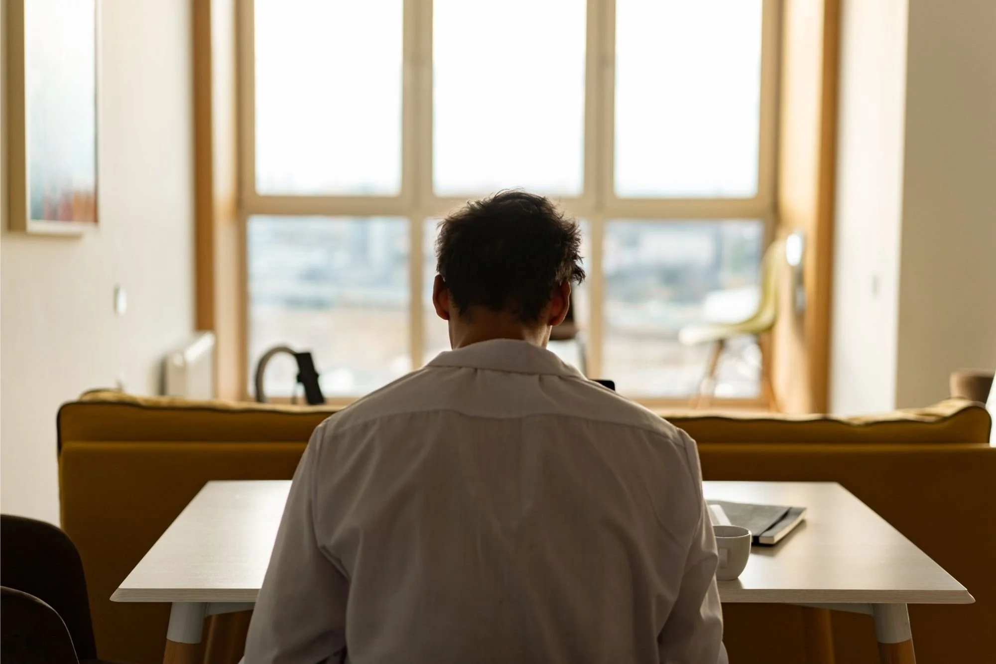 Man sitting at a dining table in a sunlit room, viewed from behind