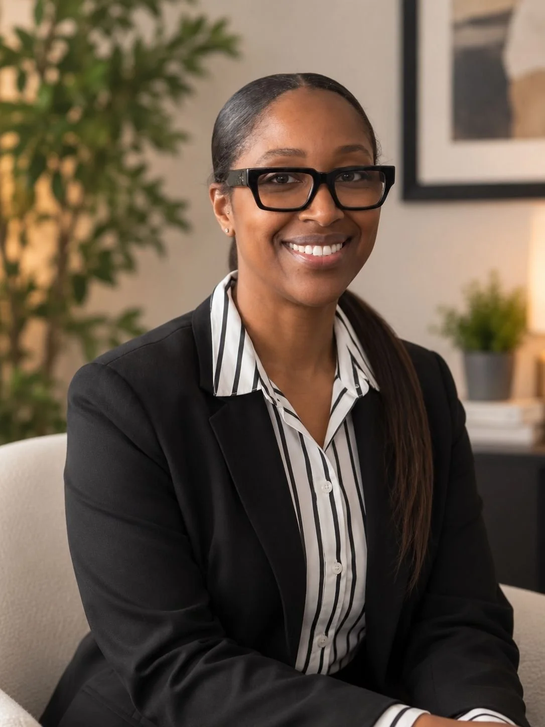 Smiling businesswoman wearing glasses, a black blazer, and a striped blouse in an office