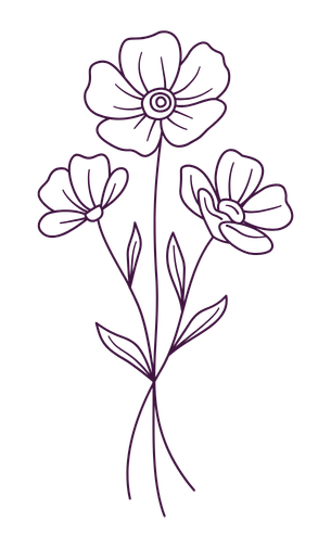 Outline drawing of a bouquet of three flowers with long stems and leaves, in purple line art.