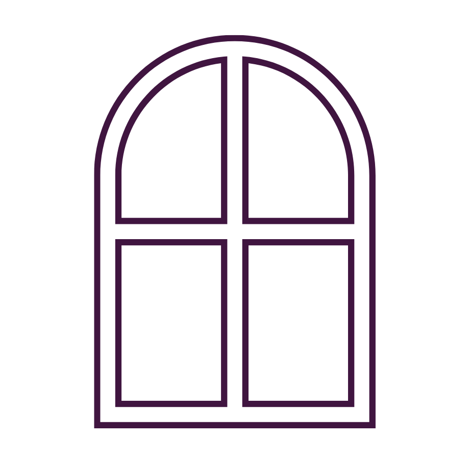 Outline of an arched window with four rectangular glass panes, depicted with purple lines on a black background.