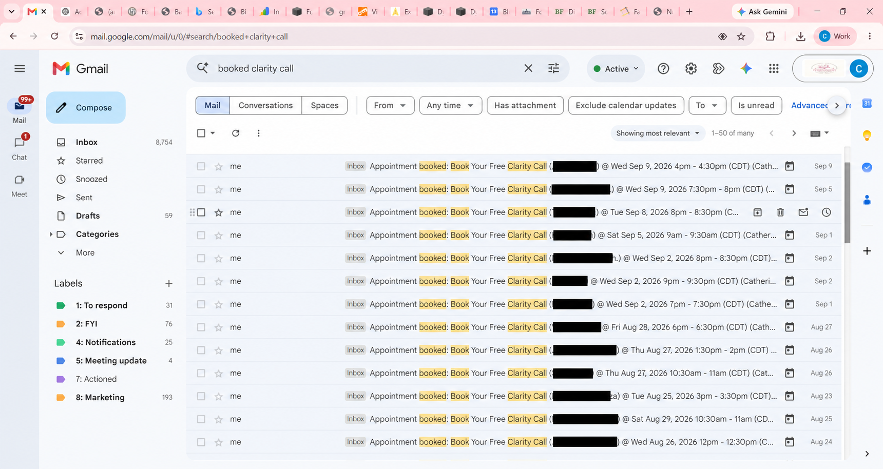 Redacted email inbox screenshot showing multiple booked clarity call notifications for Blossoming Skills Reading Therapy, demonstrating a steady flow of prospective parent inquiries.