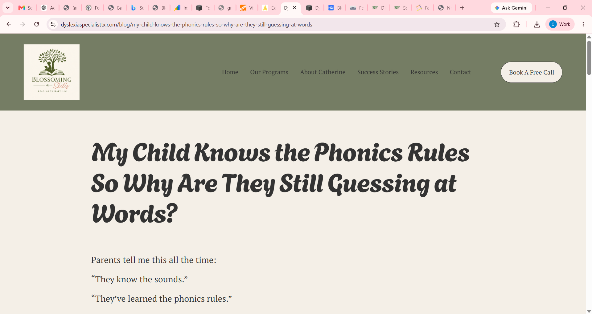 Screenshot of the Blossoming Skills Reading Therapy website homepage, showing the site design and parent-focused messaging for dyslexia and reading intervention services.