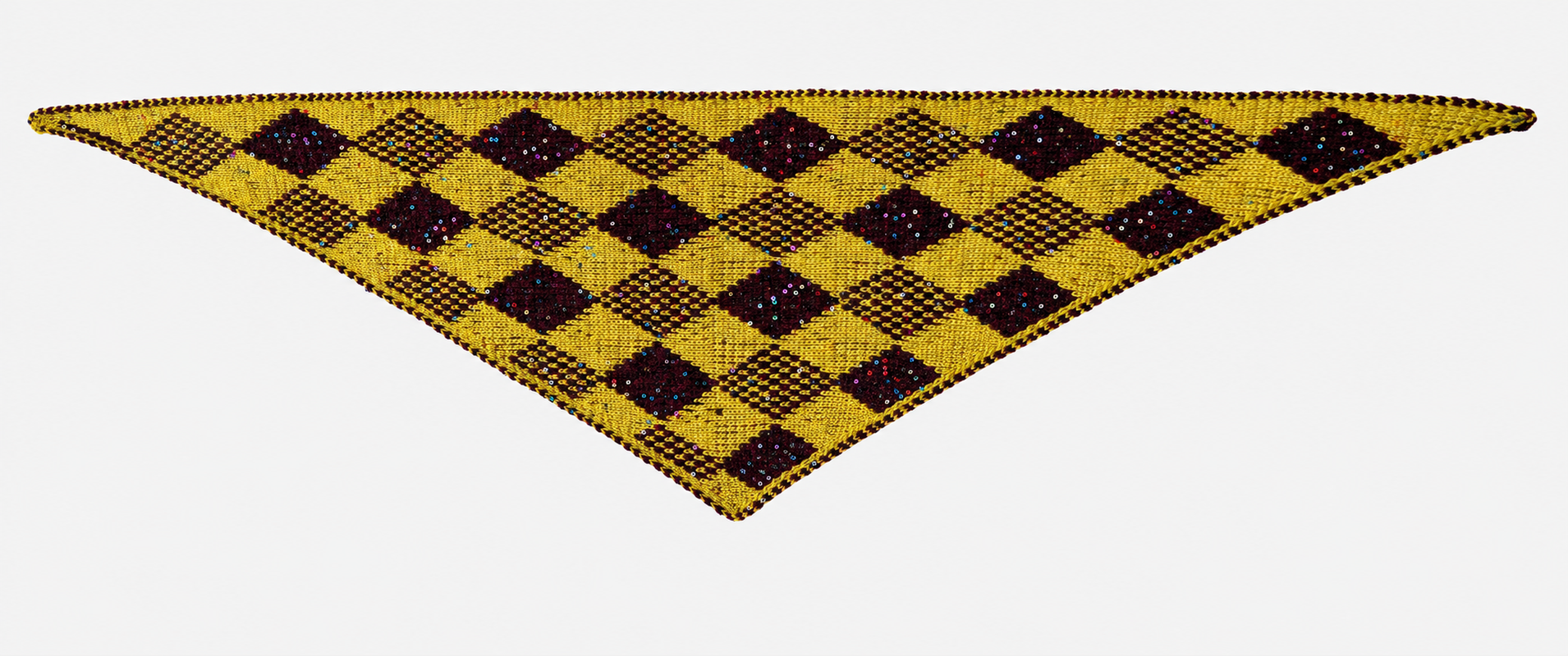 Retouched full-scarf preview of Harlequin diamonds; restrained warm yellow-green colour