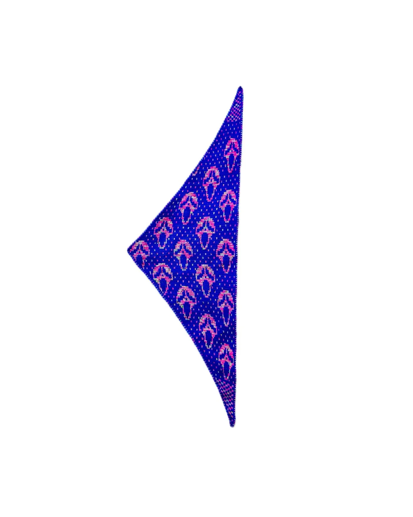 The complete triangular Slasher scarf laid flat, showing pointed ends and I-cord edges
