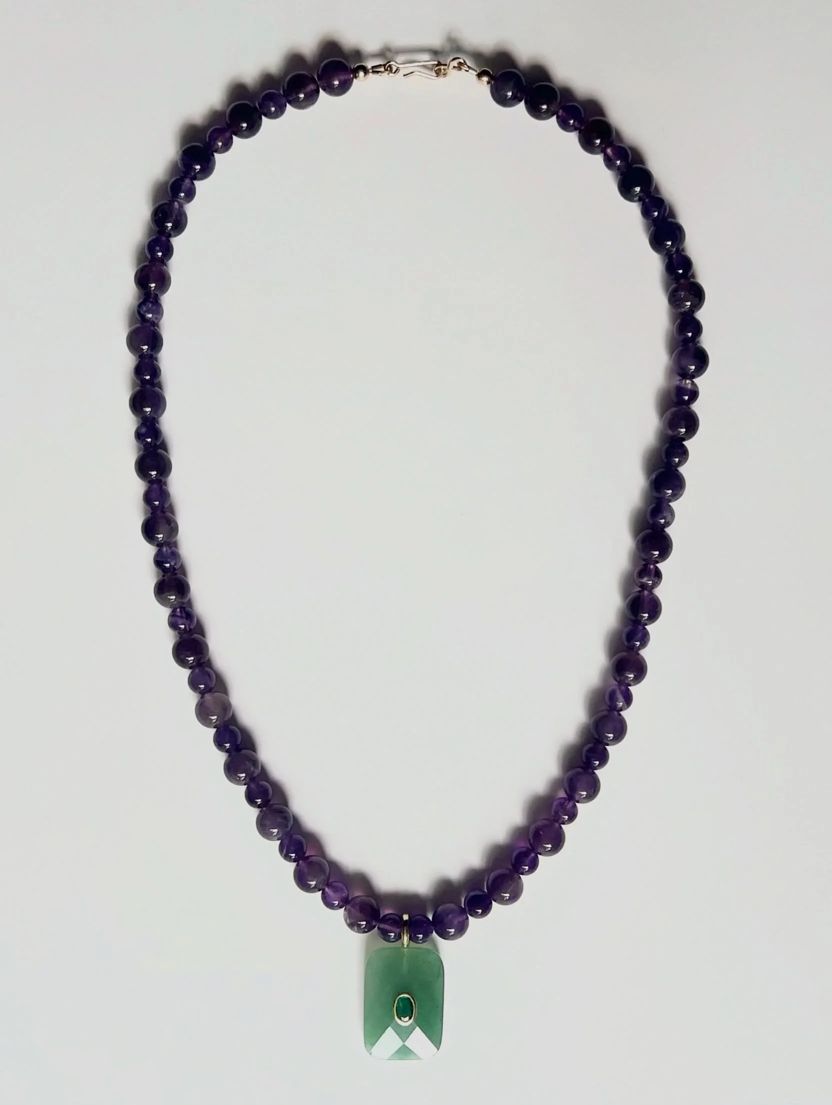 -Amethyst beads with a faceted Aventurine pendant ✨
-Made to a 20 inch length excluding pendant.
-Gold filled hook/eye clasp &amp; connectors.
-A few available now, DM me for any more info.

Jewellery - jewelry - handmade - fashion - necklace - brace