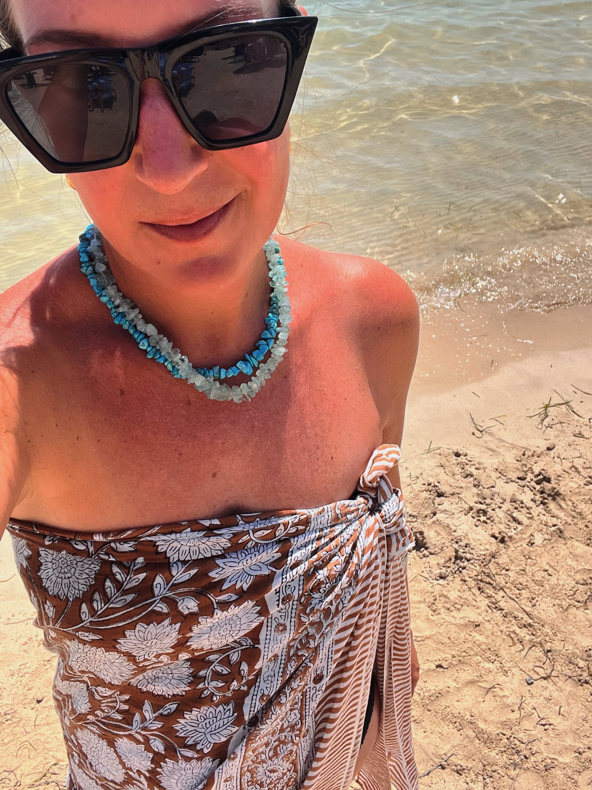 -🩵 Aquamarine &amp; Turquoise stack 🩵
-Both available on the website - link in bio 💫
-Also adore my @anotherblockprintcompany sarong, gorge print &amp; fabric 🤎🤍

Jewellery - jewelry - handmade - fashion - necklace - bracelet - anklet - glasses 