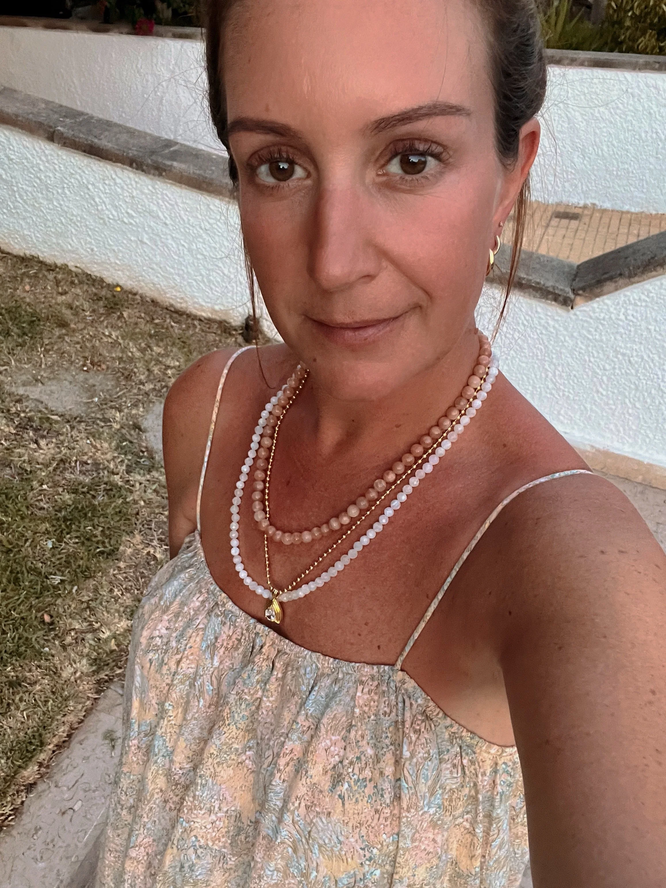 -Moonstone &amp; Sunstone Necklaces 🤍🧡
-Both available on the website, link in bio ✨
-Layered with my gorgeous @talis_chains necklace ❤️

Jewellery - jewelry - handmade - fashion - necklace - bracelet - anklet - glasses chain - beaded glasses chain