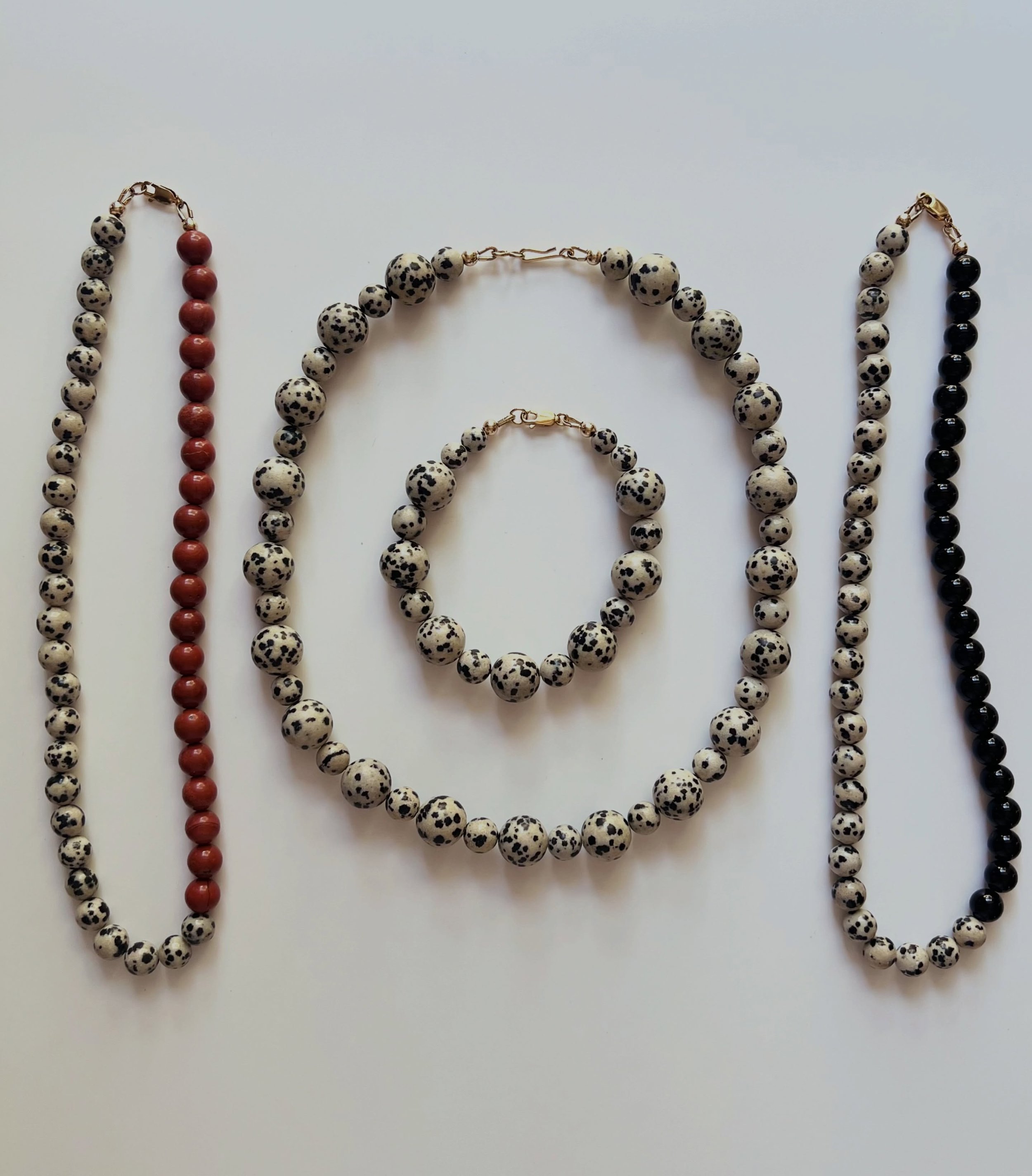 - Dalmatian Jasper Bead 🖤🤍 
- Pieces I currently offer with this gorge bead, no one bead is the same so each finished product is unique - all available on my website - link in bio.
- As always I only use gold filled clasps &amp; connectors so are m