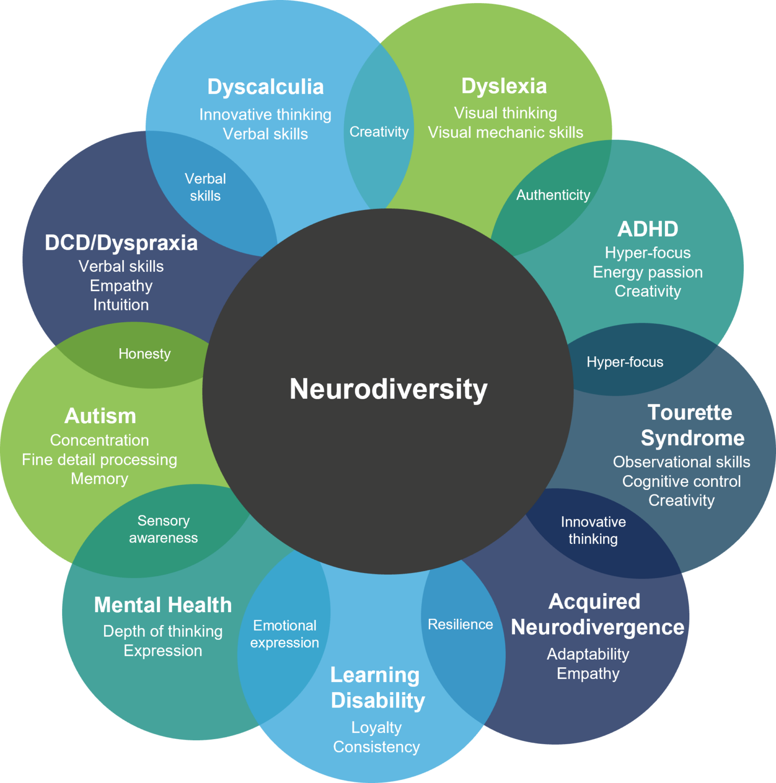 A diagram showing the relationship between neurodiversity and various conditions including autism, dyslexia, ADHD, DCD/Dyspraxia, learning disability, mental health, and Tourette syndrome, highlighting associated skills and traits.