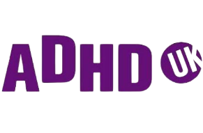 ADHD UK logo in purple text on black background