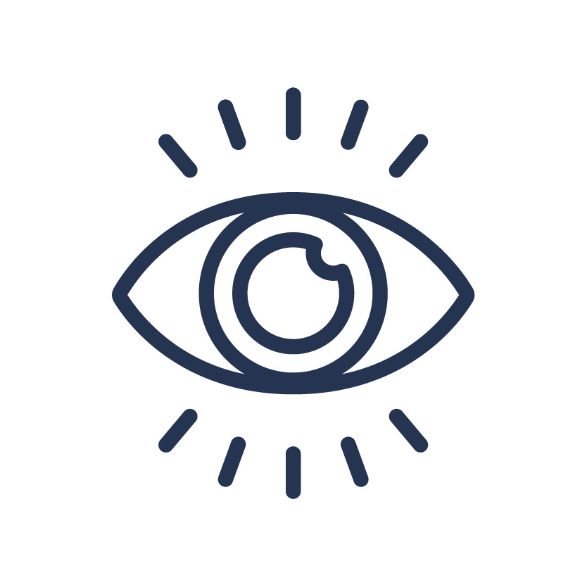 A stylized icon of an eye with rays emanating from it, outlined in dark blue.
