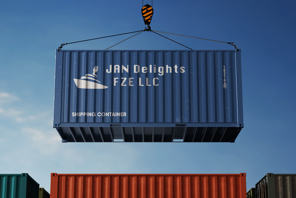 A blue shipping container hanging from a crane against a blue sky.