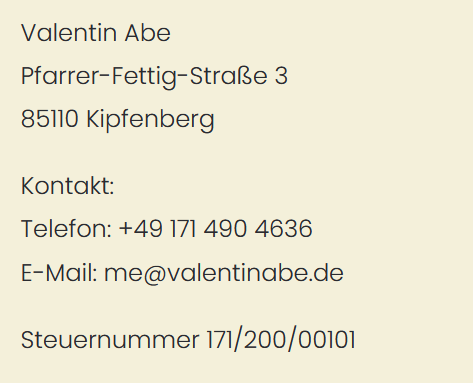Kontaktinformationen mit Name, Adresse, Telefon, E-Mail und Steuernummer