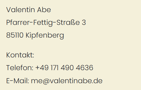 Kontaktinformationen für Valentin Abe, inklusive Adresse, Telefonnummer und E-Mail