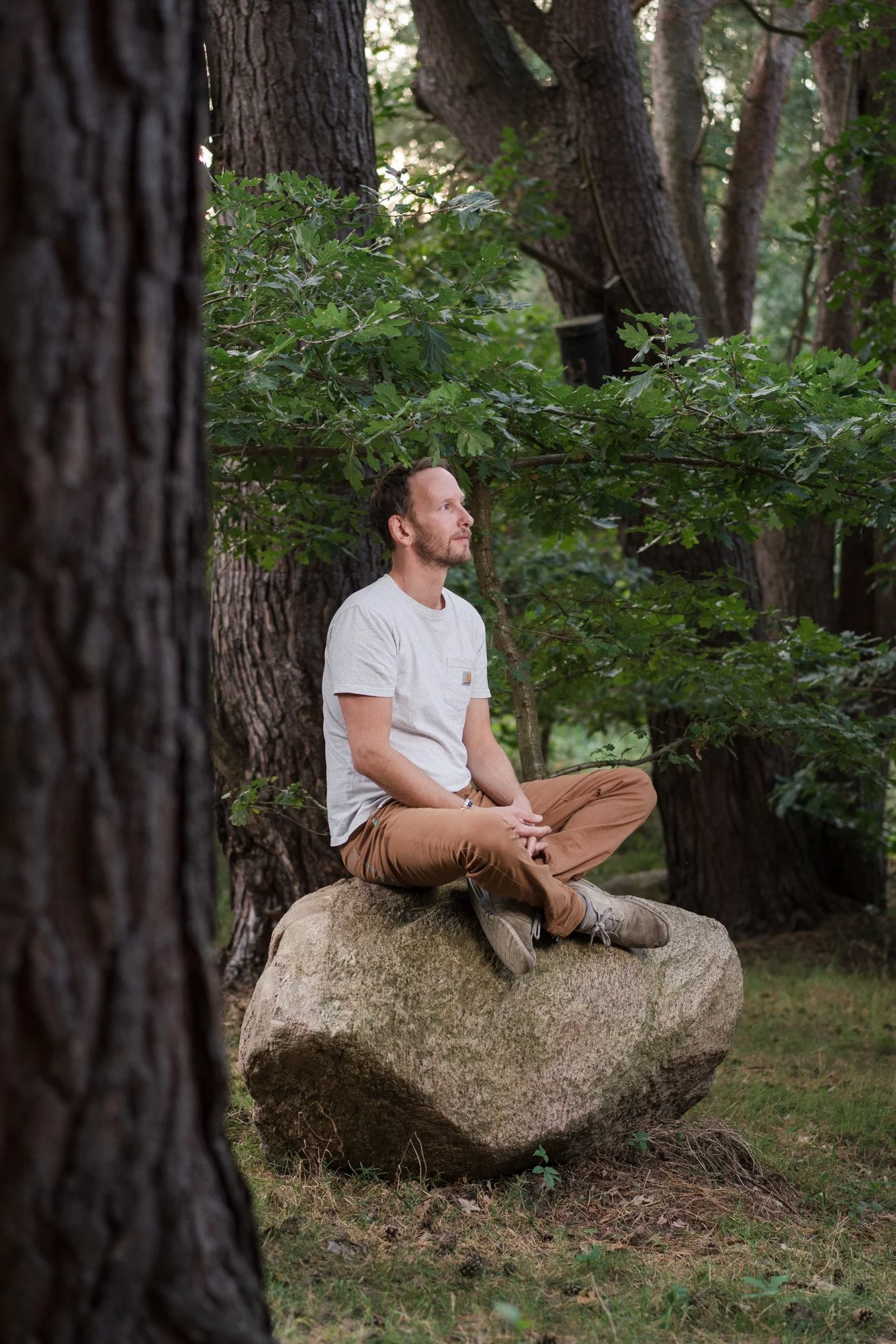 Ein Mann sitzt im Schneidersitz auf einem großen Felsen im Wald, umgeben von Bäumen und grünen Blättern, während er nachdenklich nach oben schaut.
