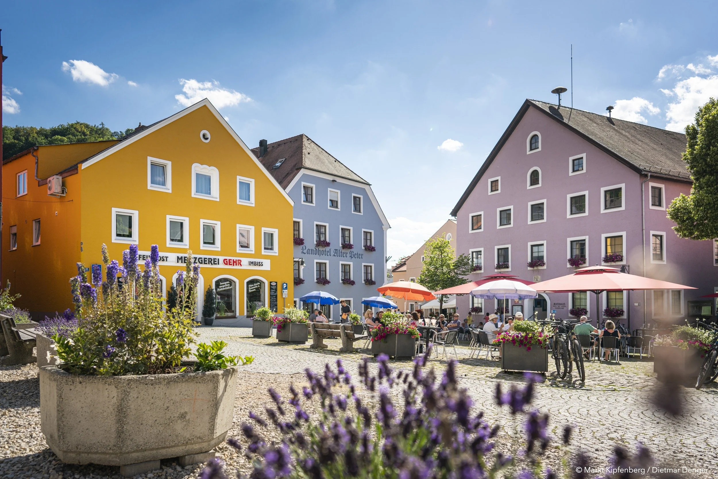 Bunte Häuser in einer Stadt mit einem lebhaften Platz, auf dem Menschen sitzen, essen und sich unter Sonnenschirmen entspannen. Im Vordergrund sind lila Blumen in einem großen Pflanzkübel sichtbar.
