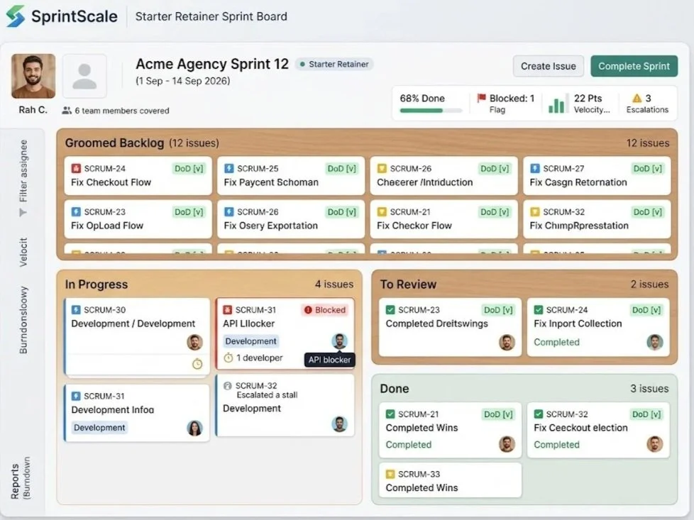 Screenshot of a sprint board for Acme Agency Sprint 12, dated September 1 to September 14, 2026, showing issues categorized in sections: Groomed Backlog, In Progress, To Review, and Done, with task details and assigned team members.
