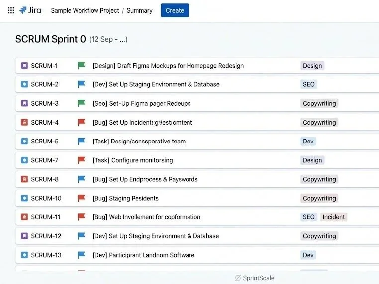 Screenshot of a project management tool displaying a list of Scrum tasks with labels such as Design, SEO, Copywriting, Dev, and Incident.