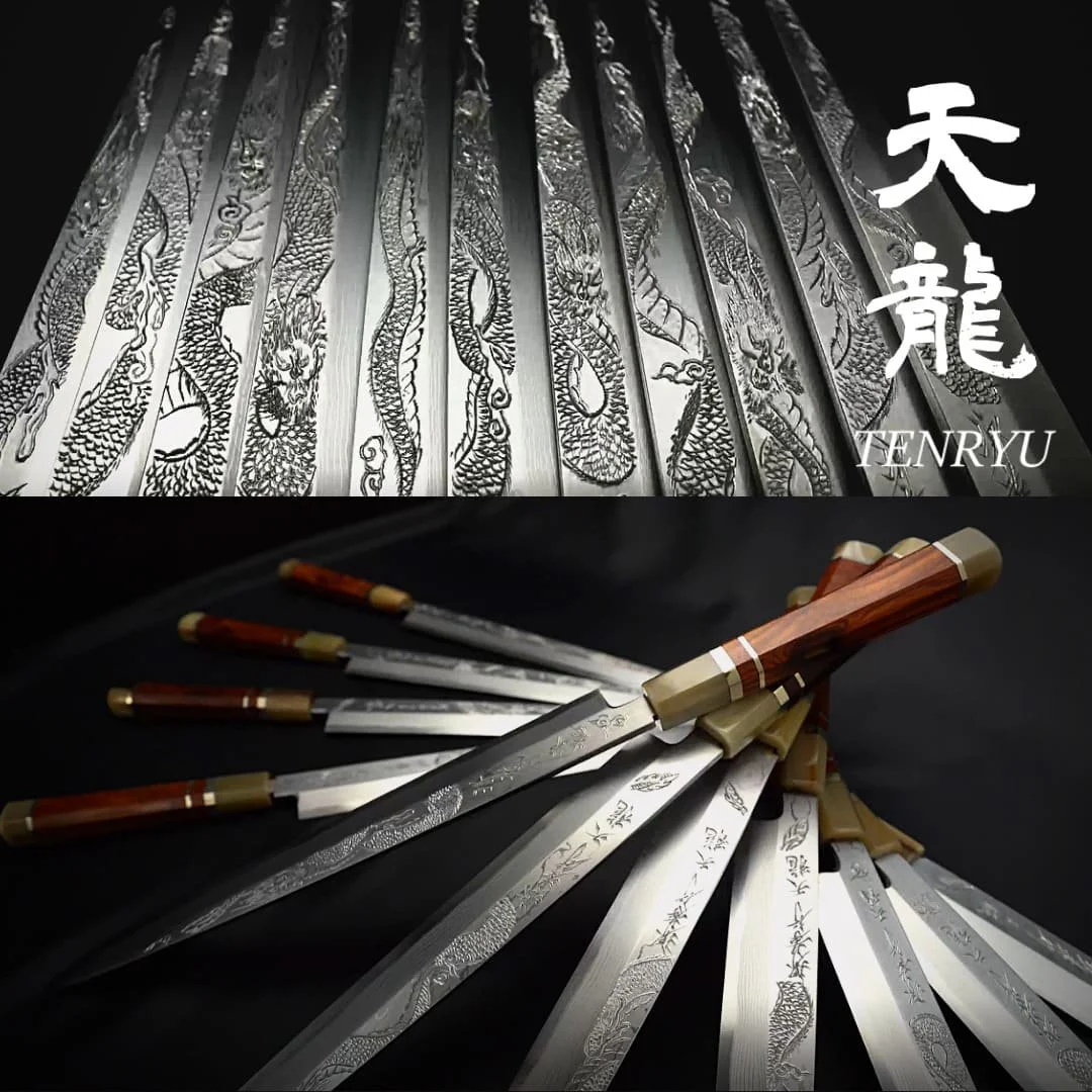 A set of Japanese-style knives featuring intricate dragon engravings, displayed on a black surface, with the words "TENRYU" and a Chinese character meaning "dragon" in the upper right corner.