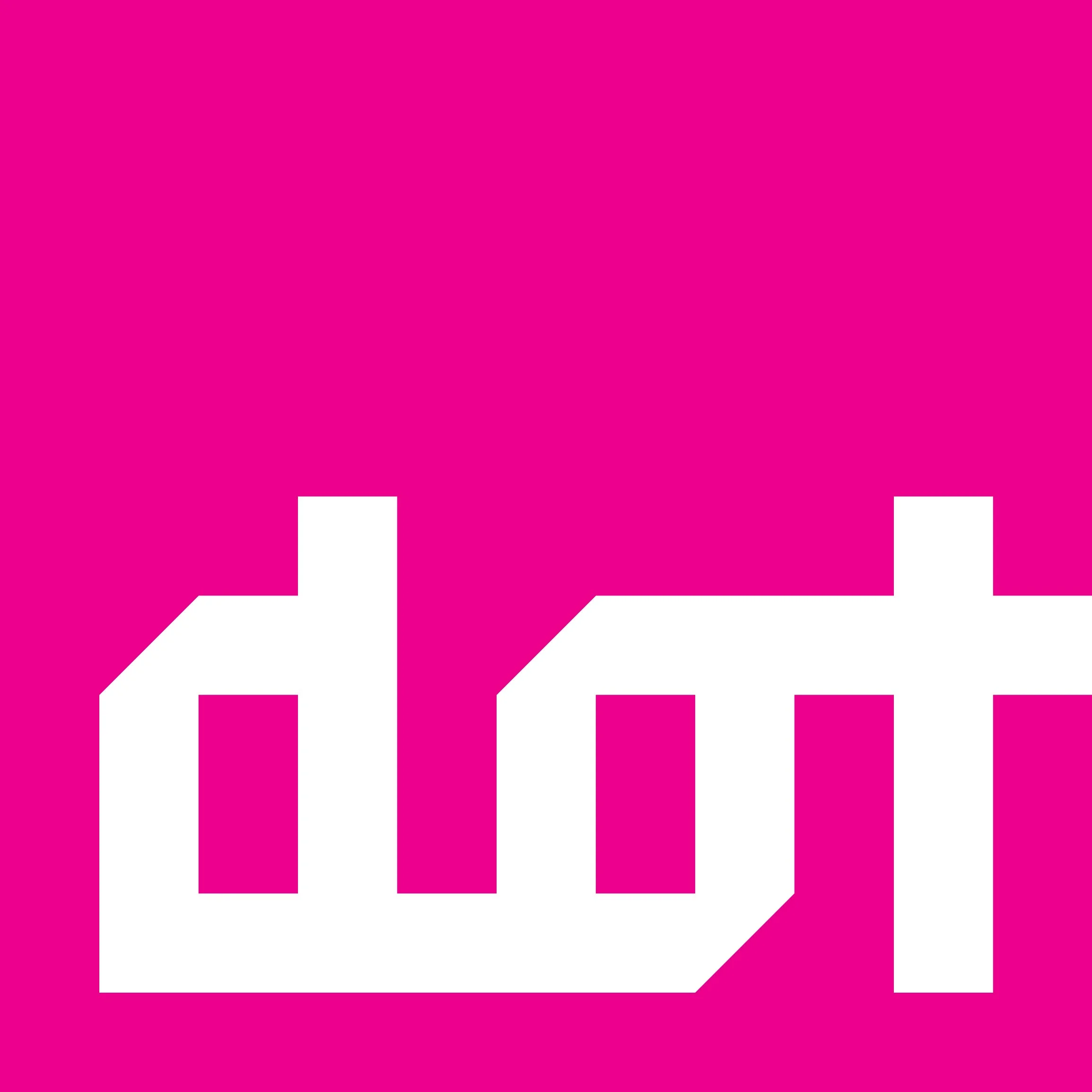 Pink and white graphic with abstract geometric shapes and blocks.
