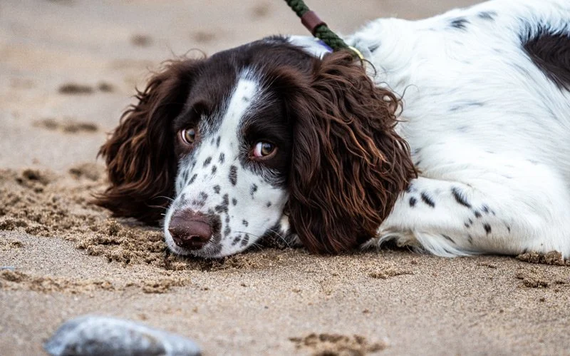 A dog with brown and white fur lying on sandy ground.