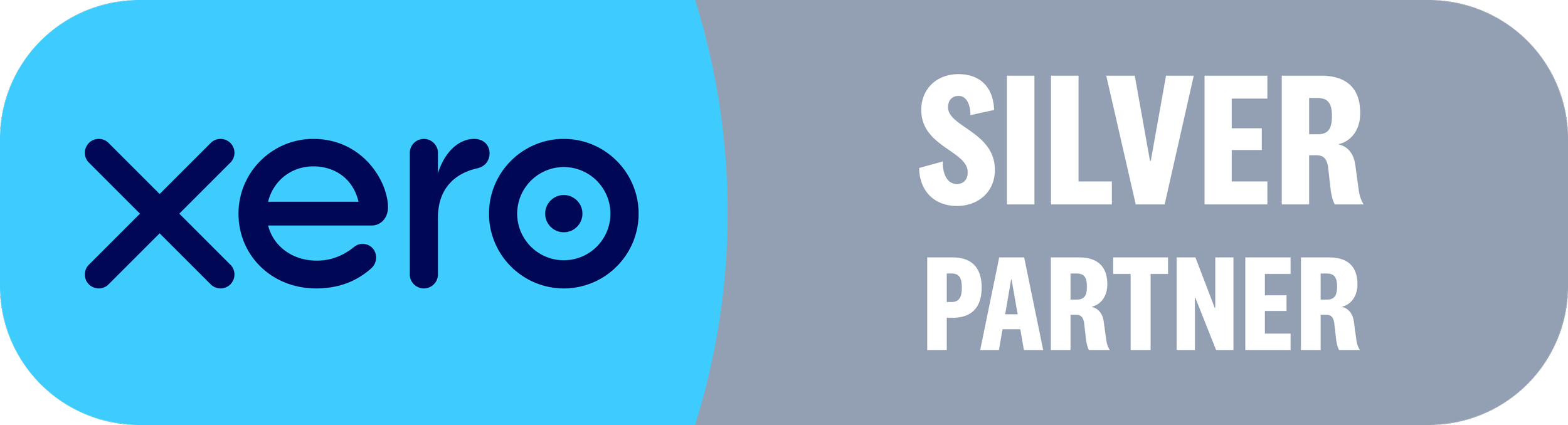 Xero Silver Partner logo with Xero in dark blue on light blue background and Silver Partner in white on grey background.
