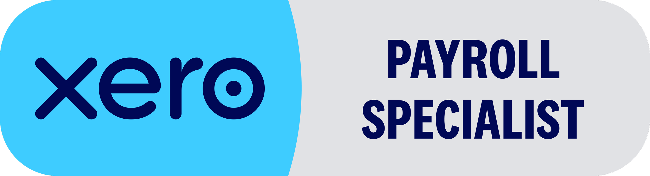 Xero payroll specialist badge with a blue and gray background.