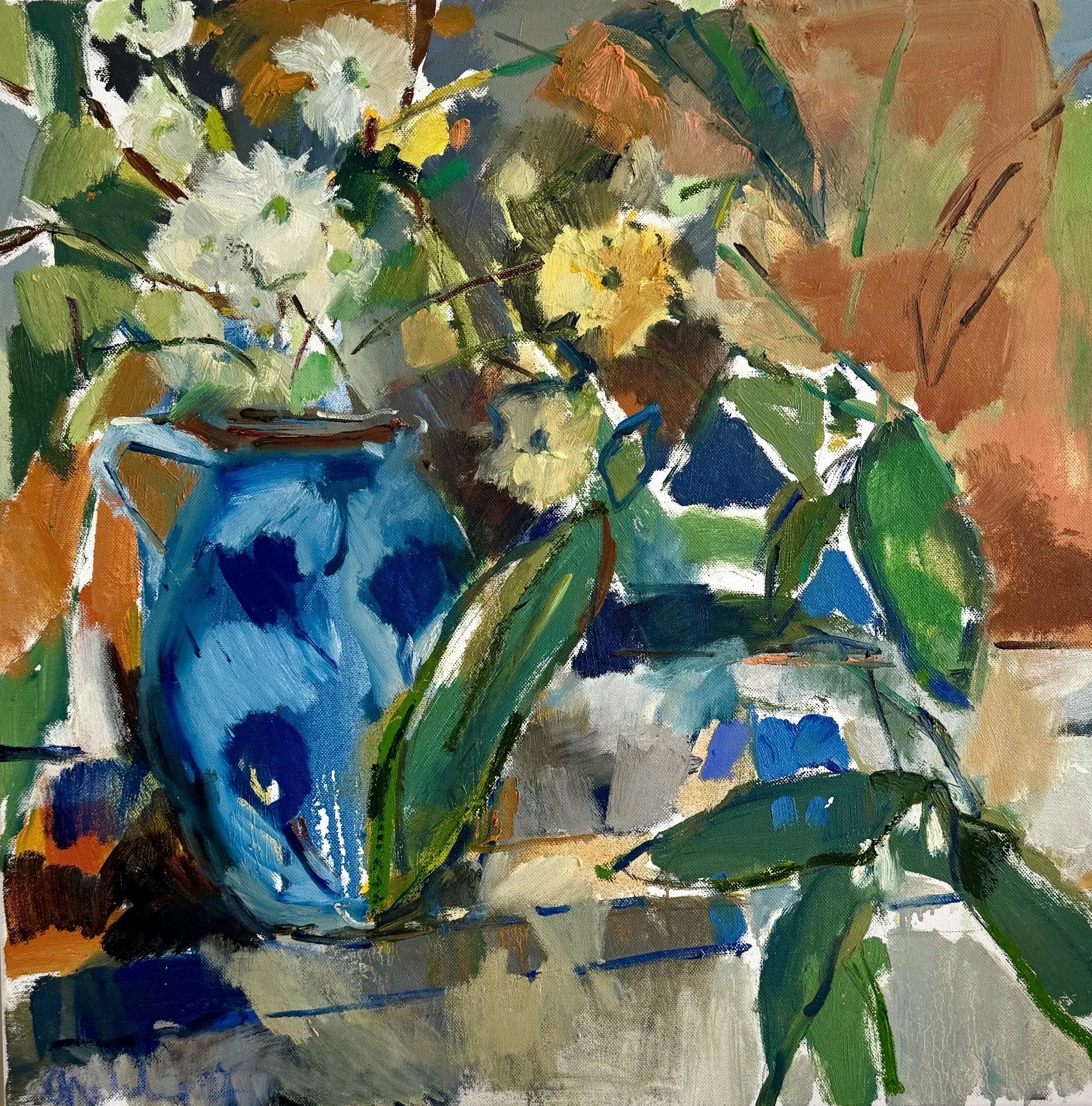 Still Life floribunda with a blue jug