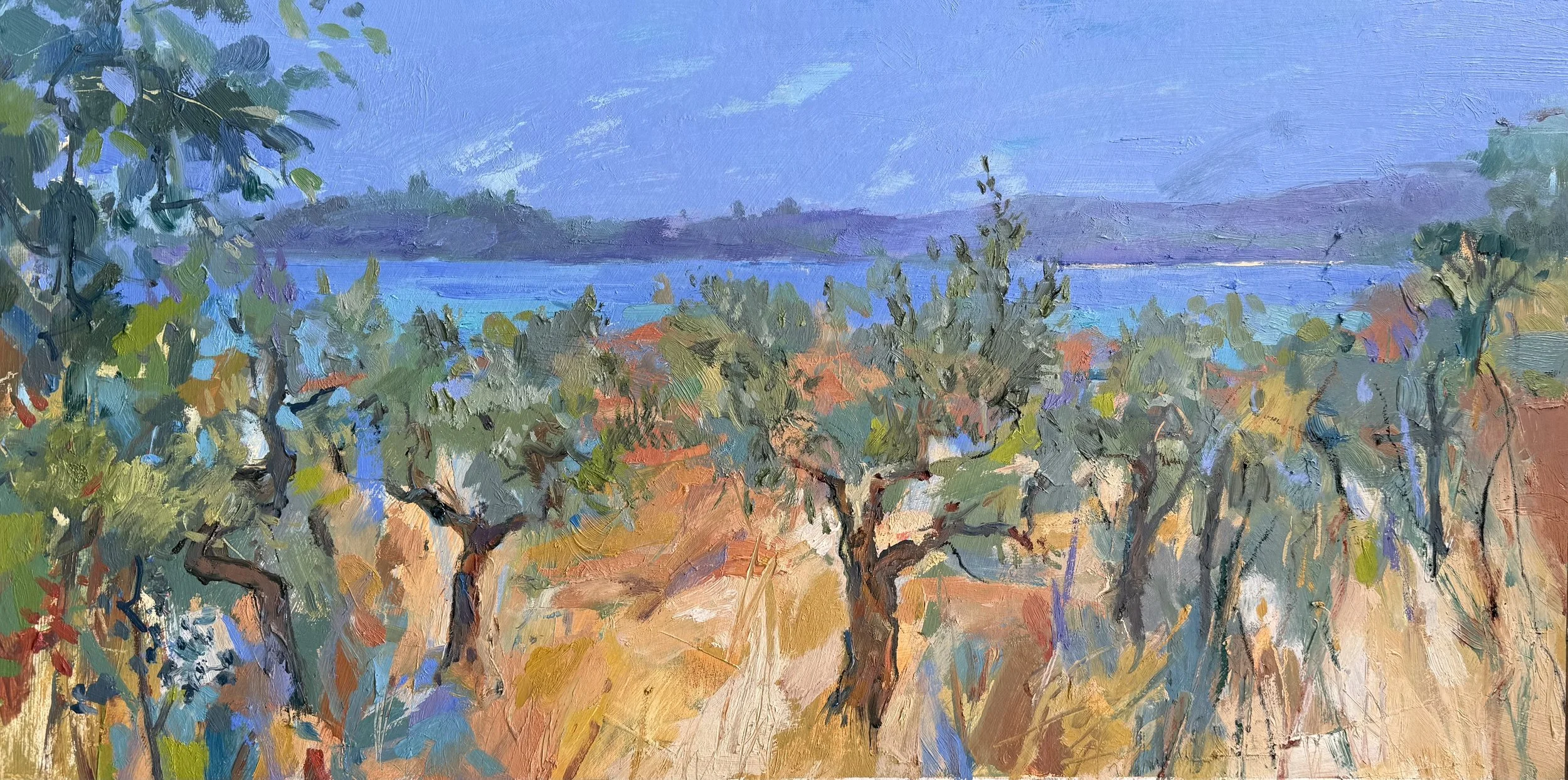 Impressionist painting of a vineyard with rows of grapevines, green leaves, and a body of water in the background under a blue sky.