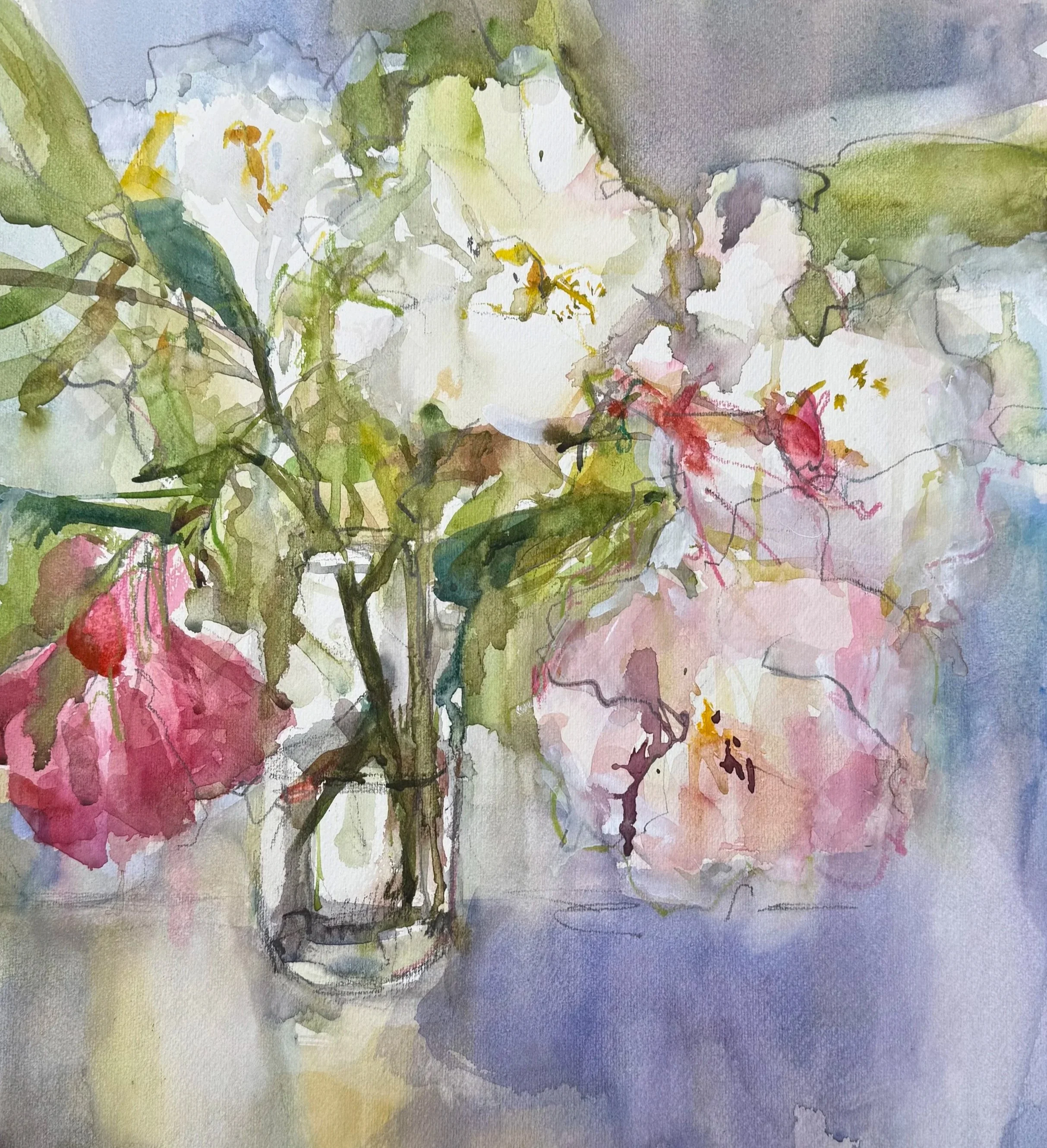 An abstract watercolor painting with soft pastel colors including pink, purple, green, and blue, depicting a blurred floral scene.