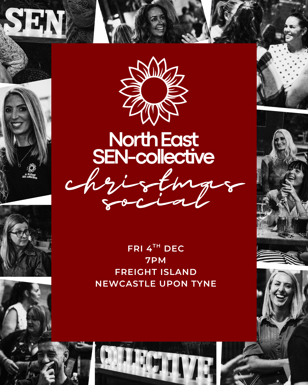 Red and black promotional poster for North East SEN-collective Christmas social with photos of smiling women socializing, event details including date, time, and location.