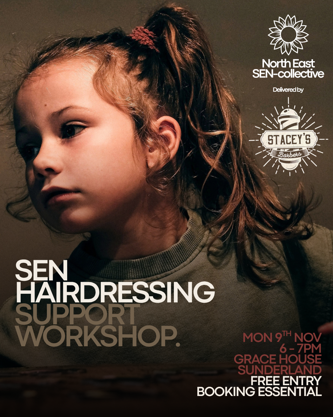 A young girl with red hair styled in a high ponytail, looking to the side, promoting a SEN hairdressing support workshop happening on November 9th at Grace House in Sunderland, with details on age-appropriate support, free entry, and booking essentials.
