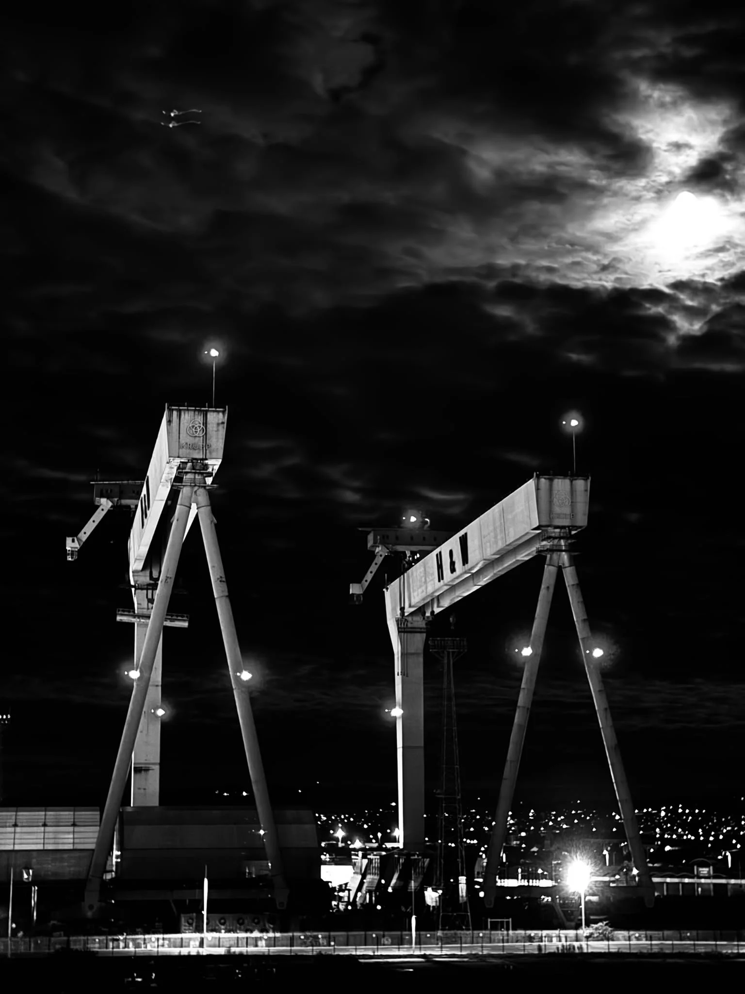 Night view of a modern bridge with illuminated support structures and streetlights, under a cloudy sky with the moon visible.