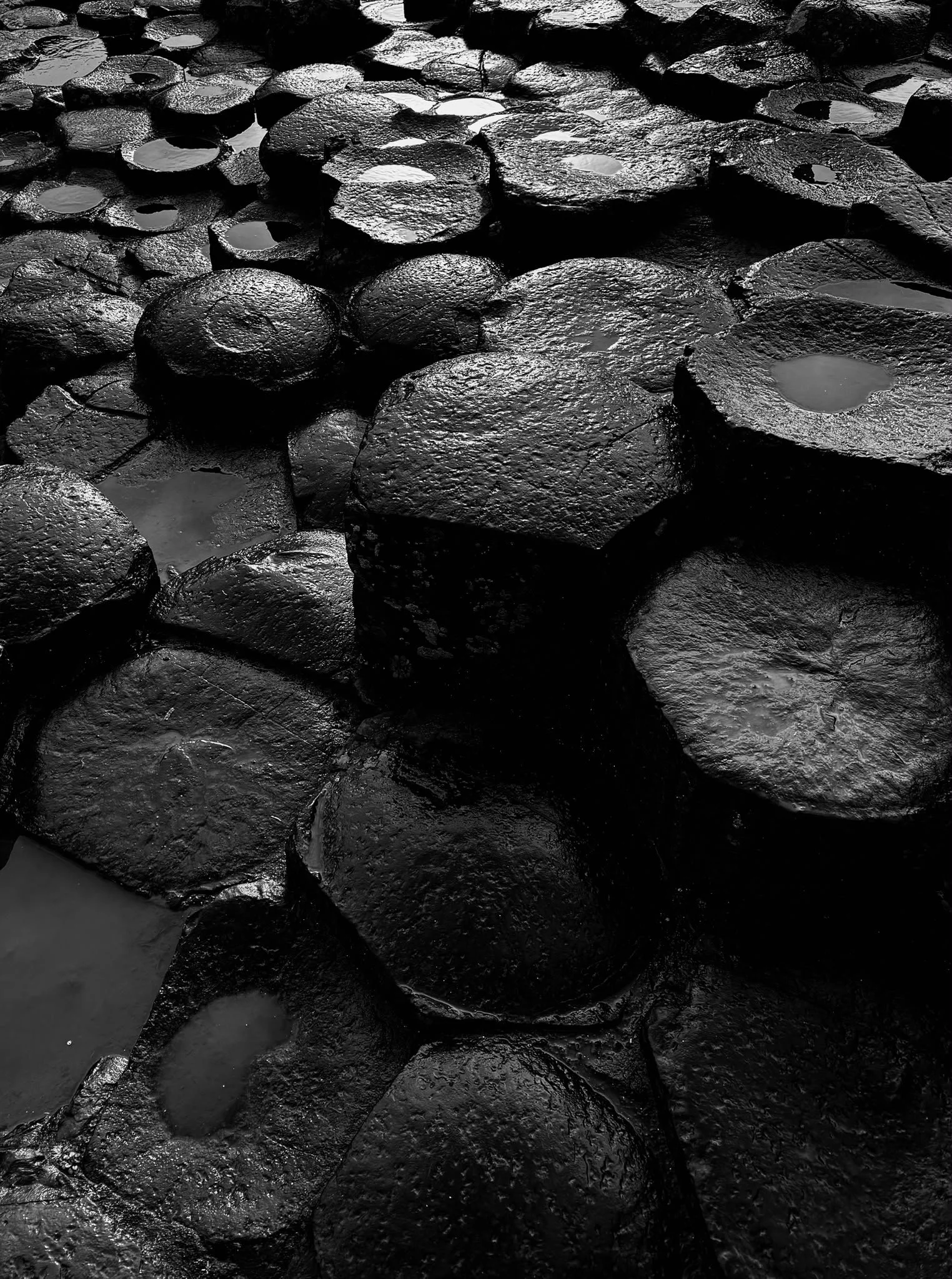 Close-up view of large, wet, black rocks with some water pooled in the crevices, creating a textured, shiny surface.