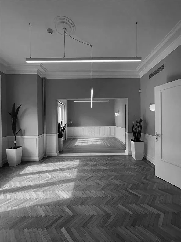 Empty room in a restored building with original antique herringbone wooden floor, potted plants, large white door, and modern ceiling lights, with sunlight casting shadows on the floor.