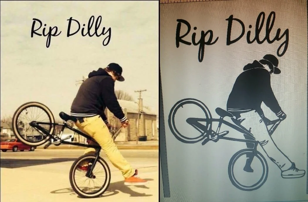 Side-by-side comparison of a picture and a stylized black-and-white decal rendering of the same pose. The text "Rip Dilly" is written at the top