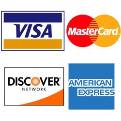 Logos of VISA, MasterCard, Discover Network, and American Express credit cards.