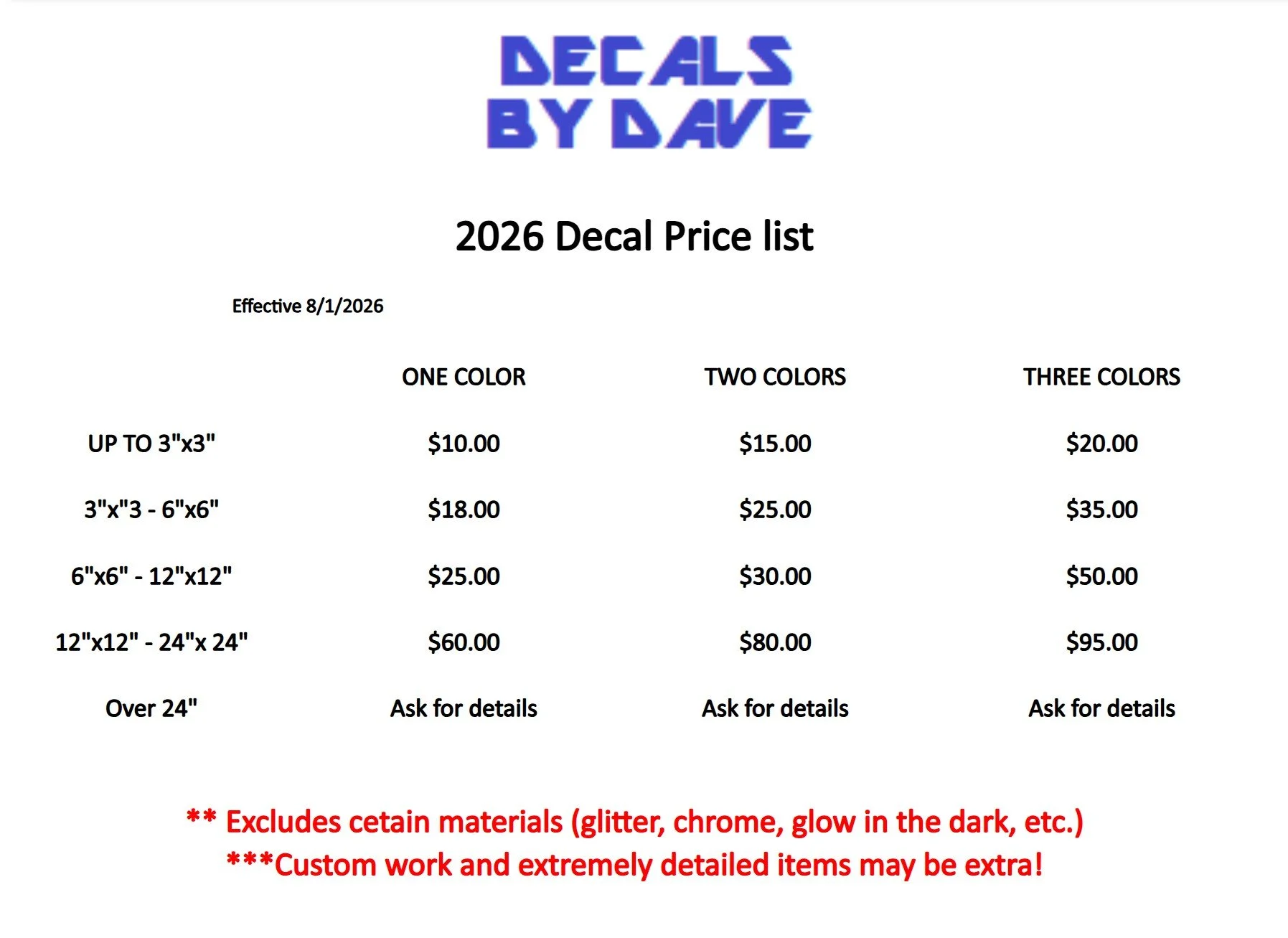 Decals by Dave 2026 decal price list effective August 1, 2026, with prices for different sizes and colors, excluding certain materials and custom work.