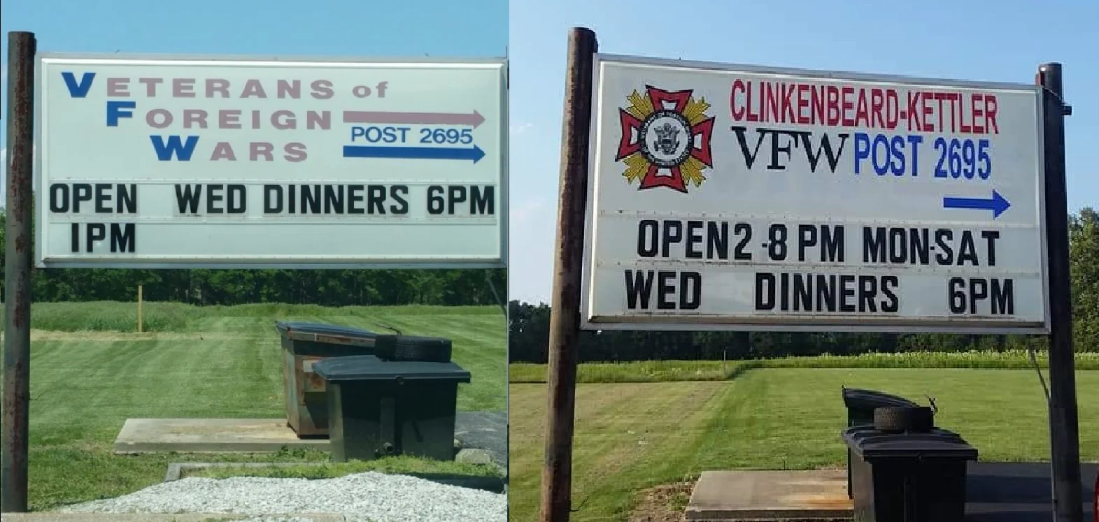 Before and after shots of the revamped road sign for the Veterans of Foreign Wars post 2695 in Shelbyville, Indiana.