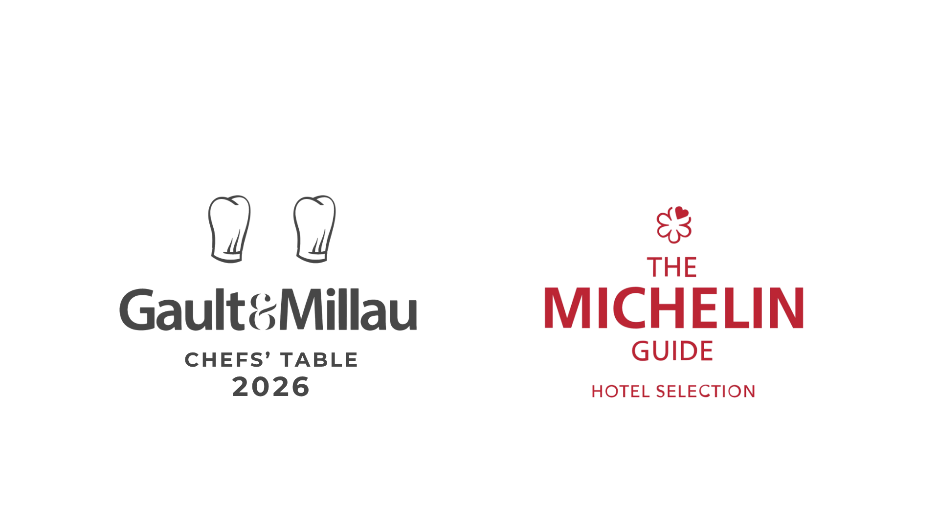 Gault & Millau Chefs' Table 2026 logo with two black and white oven mitts and The Michelin Guide logo with a red flower and text for hotel selection.