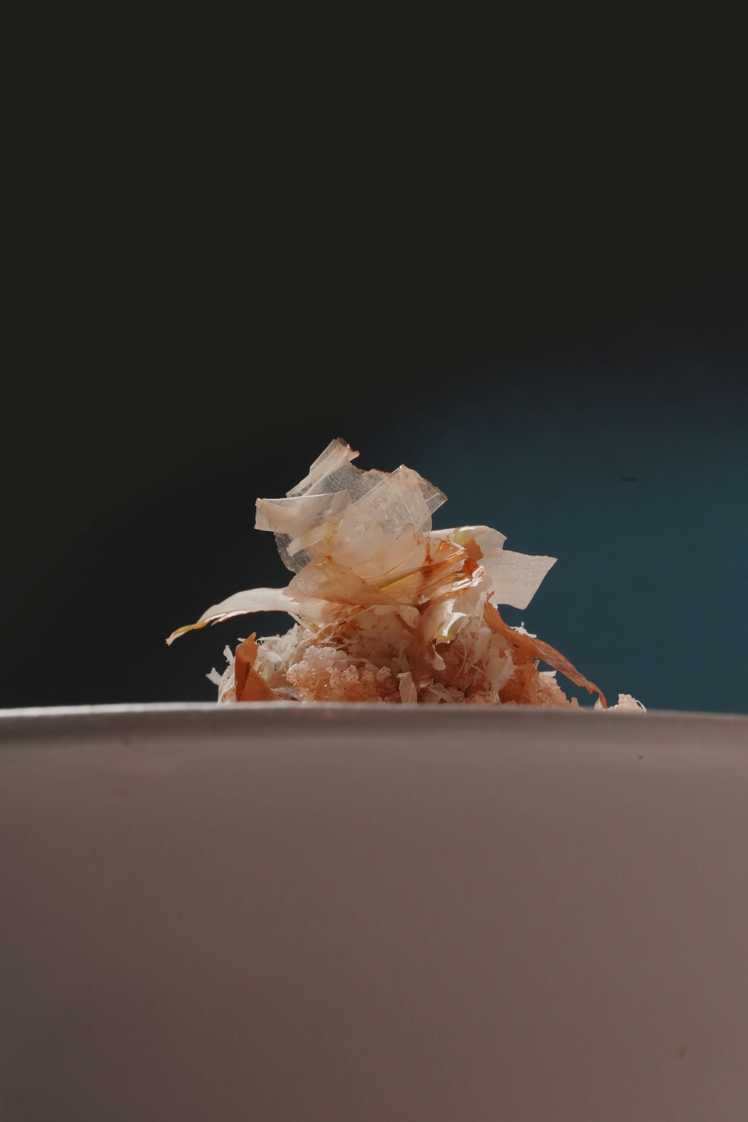 Close-up of a pile of dried fish or seafood shavings on a white plate, with a dark background.