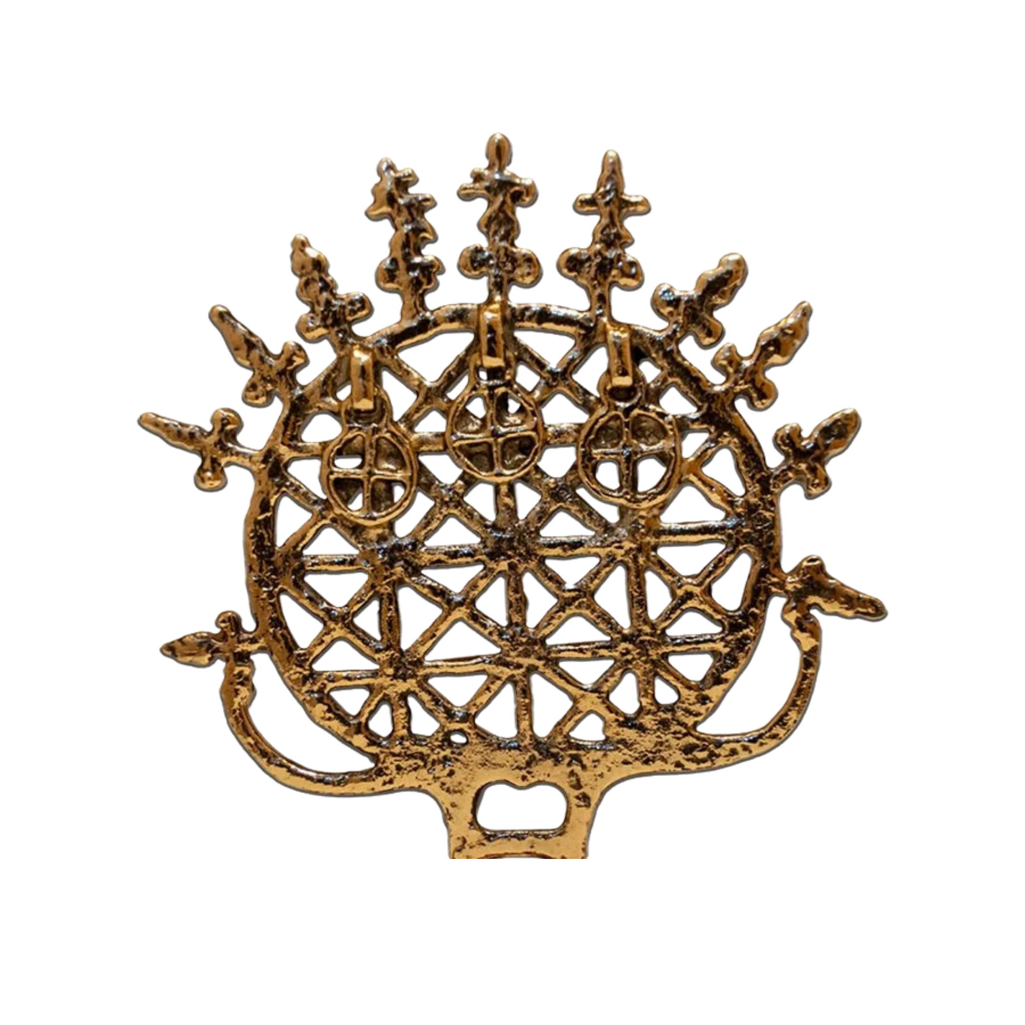 A decorative gold metallic snowflake ornament with intricate cutout patterns.