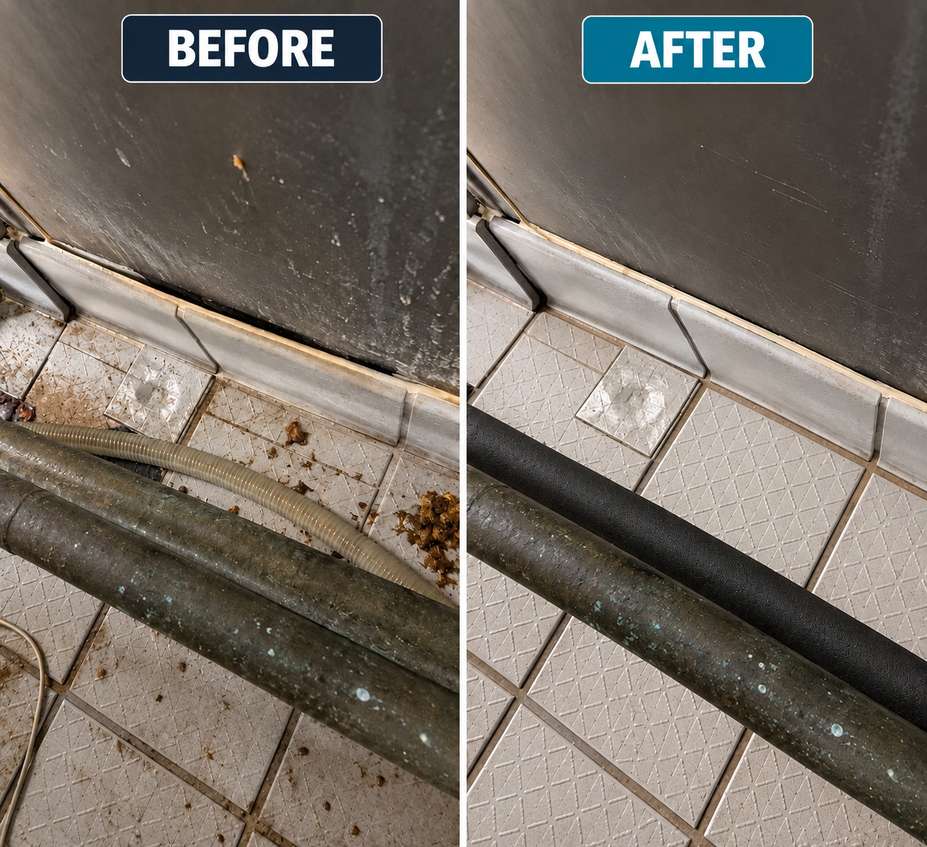 Before and after cleaning of a heavily soiled commercial restaurant surface. 