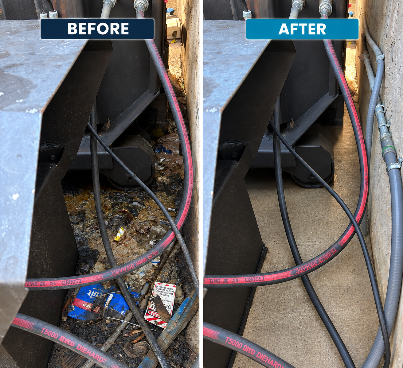 Side-by-side comparison of a cabinet's interior before and after cleaning. The left image shows the inside filled with dirt, debris, trash, and water. The right image shows the same space after it has been cleaned, appearing clear, dry, and organized